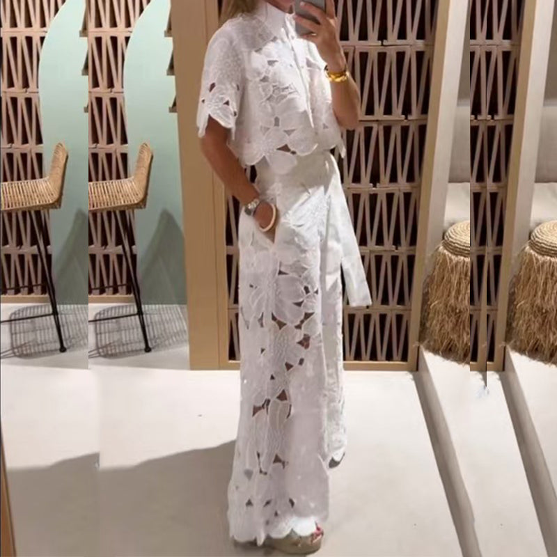 Sexy Lapel Single Breasred Shirt Top +Wide Leg Pants 2