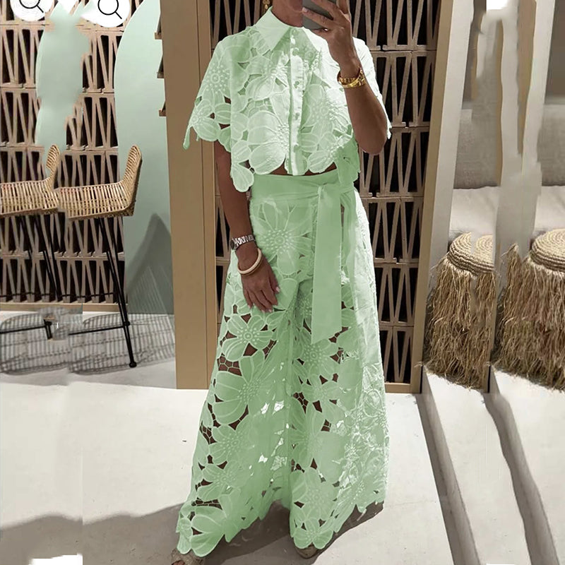 Sexy Lapel Single Breasred Shirt Top +Wide Leg Pants 2