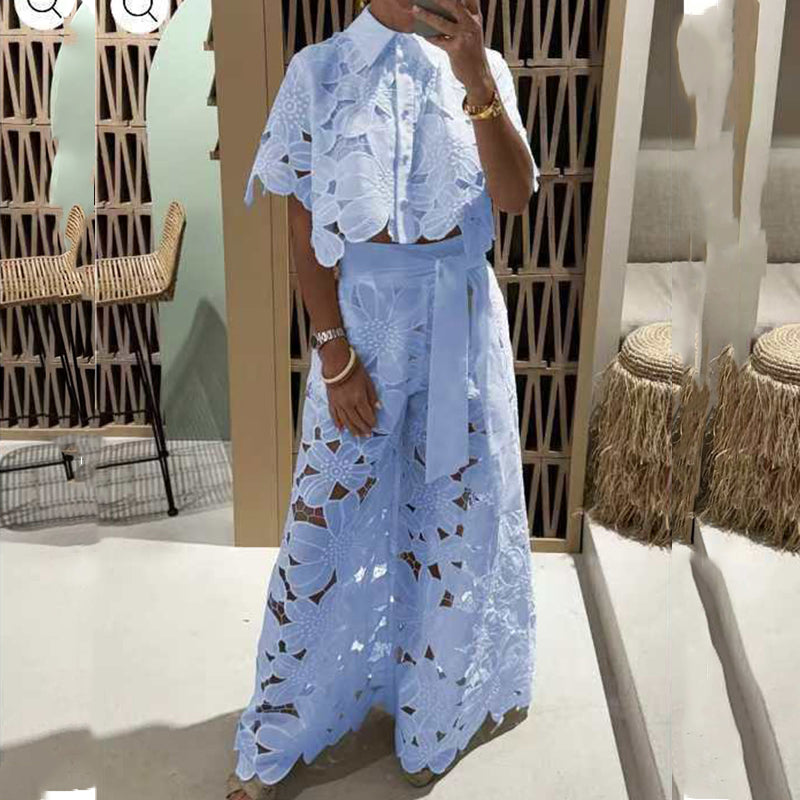 Sexy Lapel Single Breasred Shirt Top +Wide Leg Pants 2