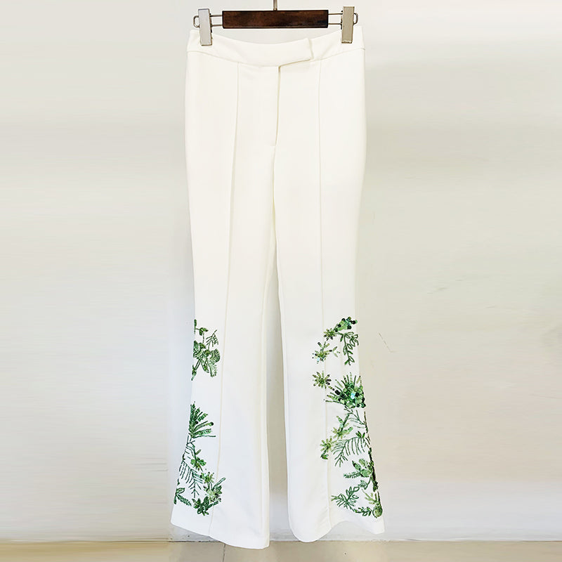 Designer Suit Set Women's Loose Style Long Sleeve Stunning Beaded Blouse Tops Flare Pants