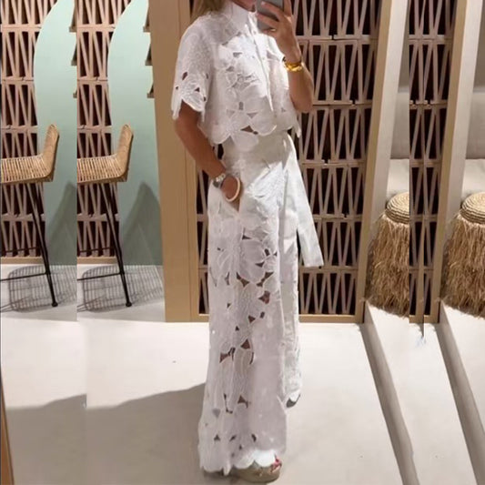 Sexy Lapel Single Breasred Shirt Top +Wide Leg Pants 2