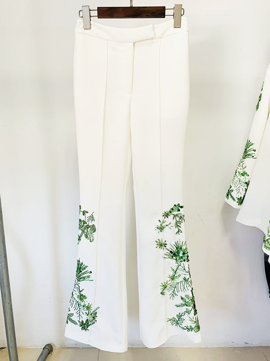 Designer Suit Set Women's Loose Style Long Sleeve Stunning Beaded Blouse Tops Flare Pants
