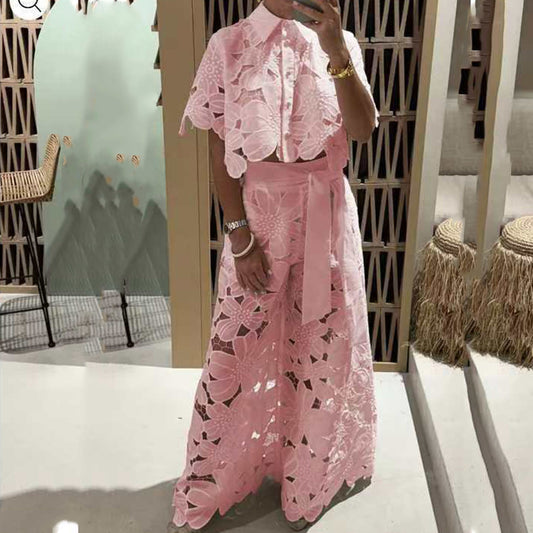 Sexy Lapel Single Breasred Shirt Top +Wide Leg Pants 2